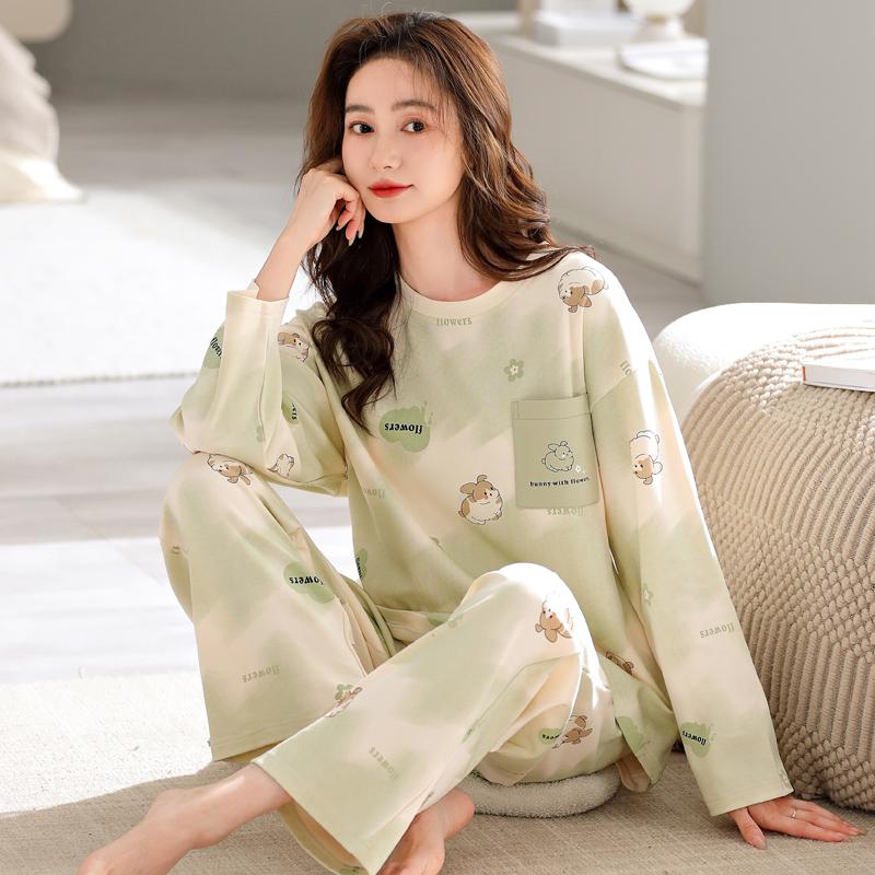 Bộ đồ ngủ cho nữ mùa xuân và mùa thu cotton nguyên chất cỡ lớn dài tay học sinh có thể mặc bên ngoài Bộ đồ phong cách Hàn Quốc quần áo mặc ở nhà mùa đông và mùa hè