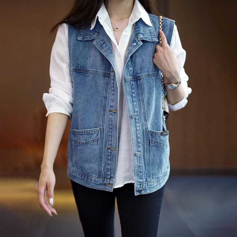 Áo vest denim giảm tuổi tác tính khí cho phụ nữ mùa xuân và mùa thu quần áo công sở thông thường rộng rãi và linh hoạt túi lớn áo vest không tay áo khoác vest