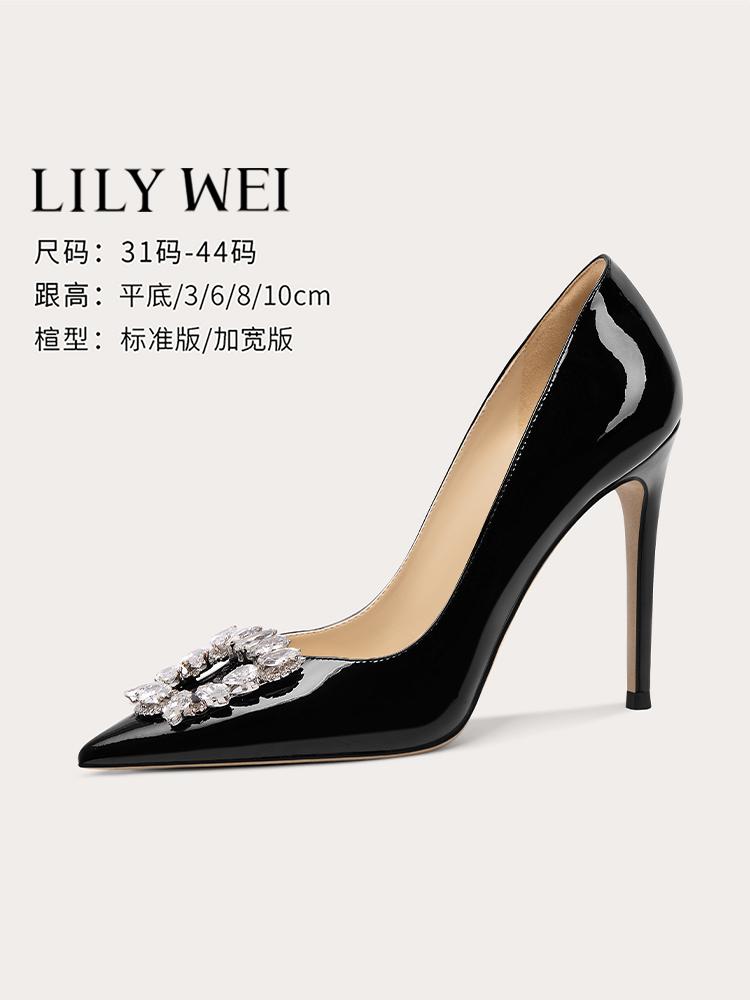 Giày cao gót đế bằng da sáng chế Lily Wei màu đen bóng đi làm và đi lại 6 cm giày nữ cỡ lớn 41 đến 43 đa năng