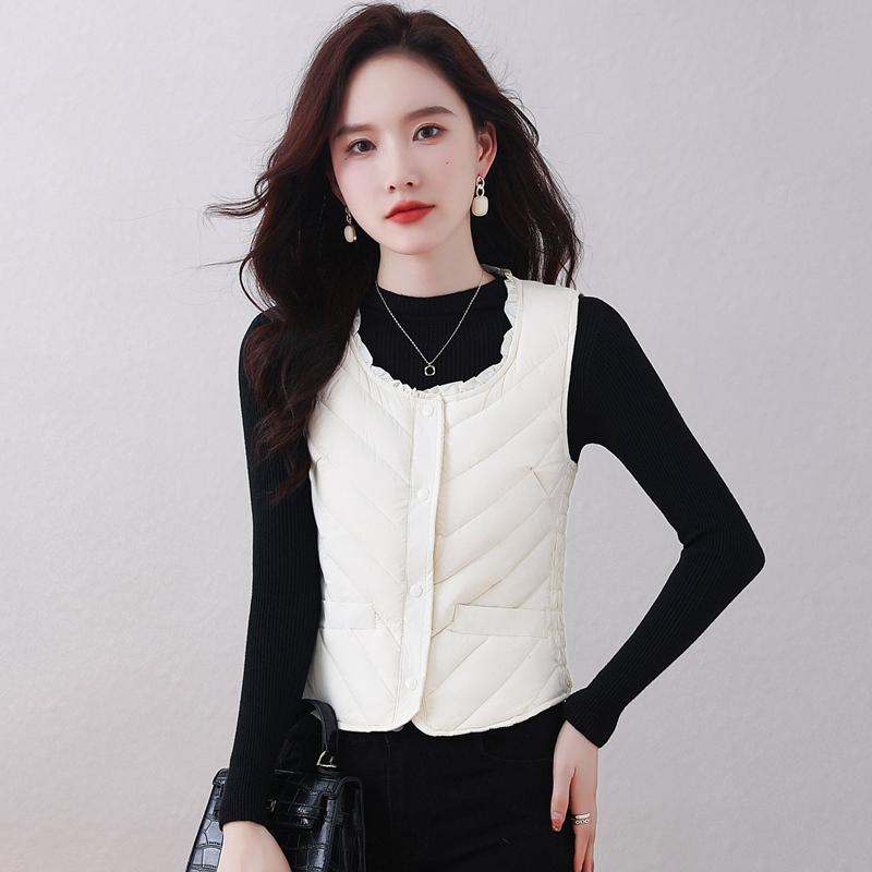 2023 Mùa Thu Đông Xuống Áo Vest Nữ Ngắn Ấm Slim Đáy Pony Kẹp Áo Vest Có Lớp Lót Mỏng