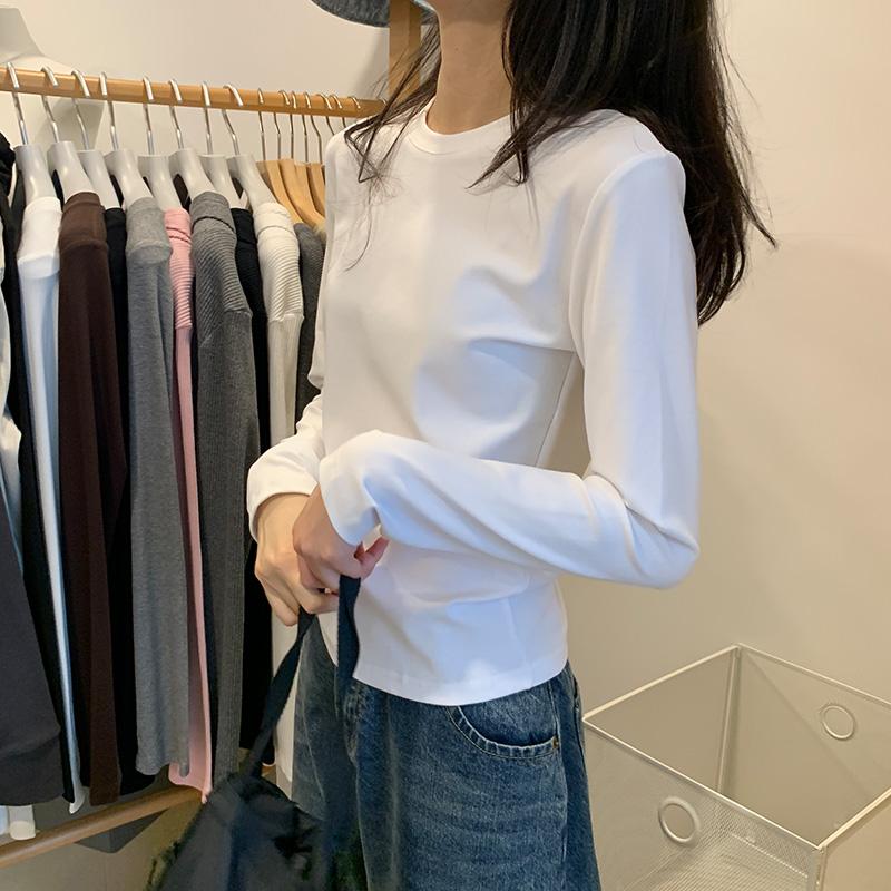 Mỹ Retro Màu Xám Áo Thun Nữ Tay Dài Vai Phải Mùa Thu Đông 2023 Mới Bên Trong Xếp Lớp Áo Sơ Mi Châu Âu Slim Fit hàng Đầu