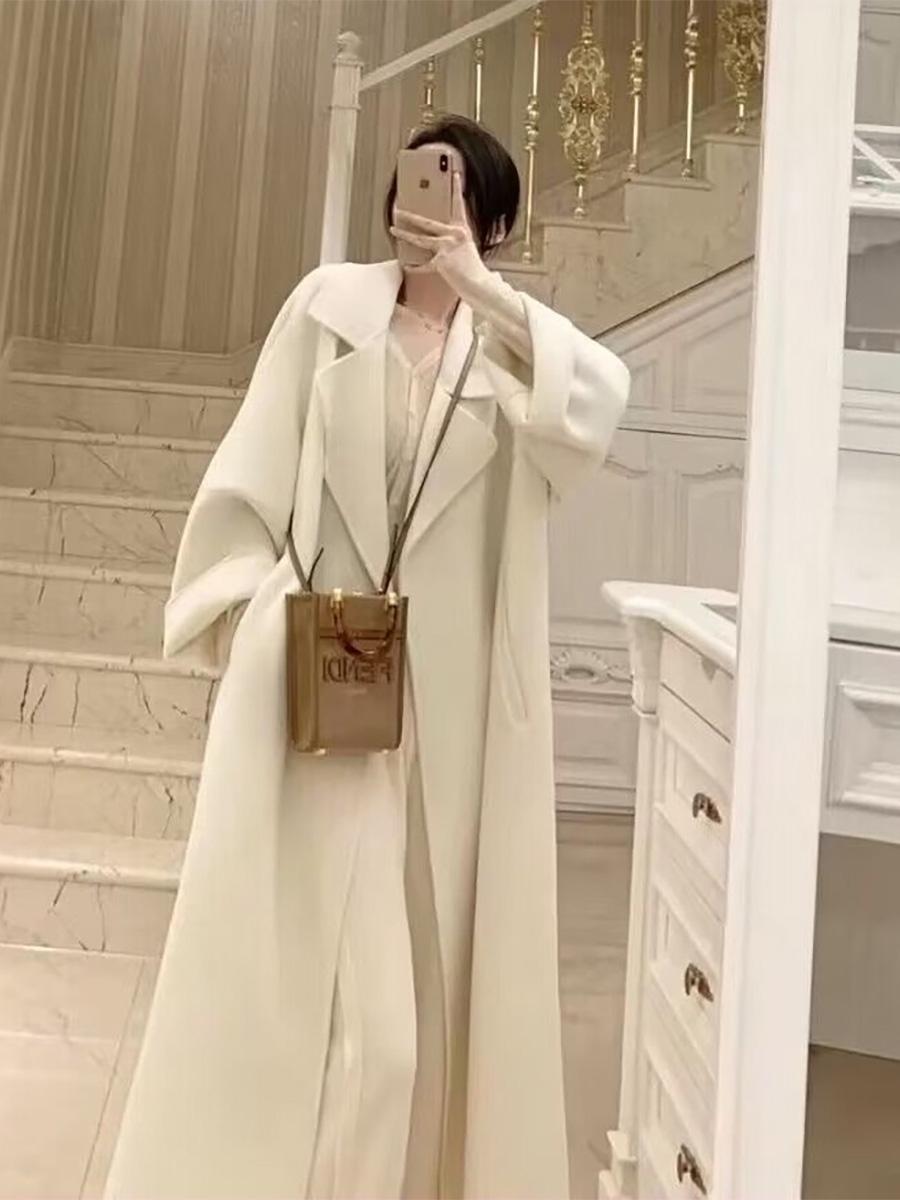 Áo khoác cashmere hai mặt màu trắng cho nữ phiên bản dài vừa phải 2023 mùa thu đông Áo khoác len cao cấp phong cách Hepburn mới được ưa chuộng