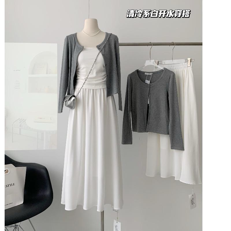 [Sisi Cool Cardigan~] Áo len dệt kim chống nắng màu xám có tay áo dành cho nữ + váy dài xếp nếp chữ A xếp nếp thường ngày