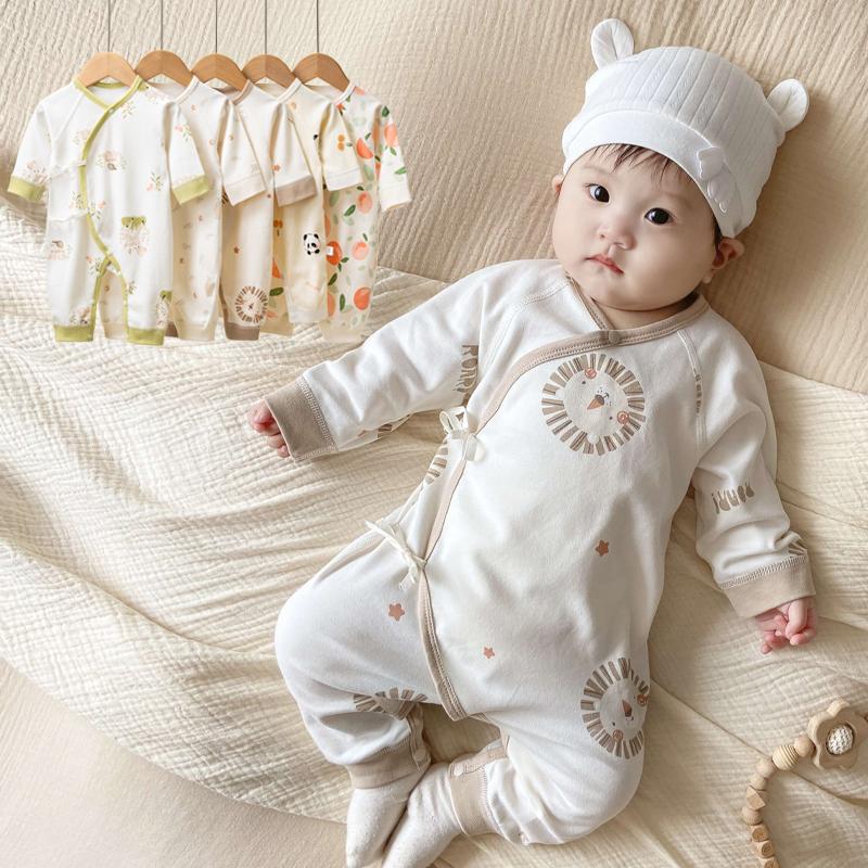 Quần áo trẻ em bốn mùa, xuân thu, áo liền quần bảo vệ bụng bé, bộ đồ cotton nguyên chất cho trẻ sơ sinh, áo nỉ dài tay, áo liền quần