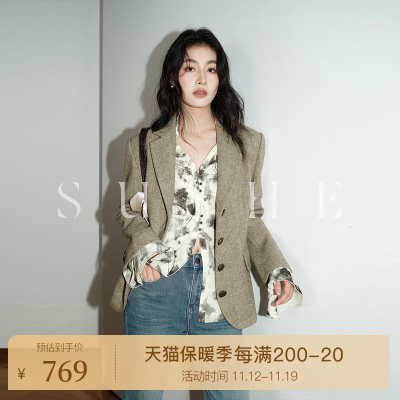 SUSHE 100% len blazer hình xương cá ba túi cổ điển dành cho nữ mùa thu đông