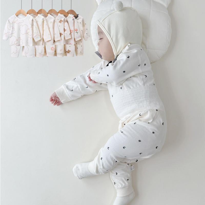 Bộ quần áo mùa xuân và mùa thu trẻ em mùa thu Bộ quần áo cotton nguyên chất bảo vệ bụng cho bé trai và bé gái mùa đông căn cứ quần áo mặc ở nhà