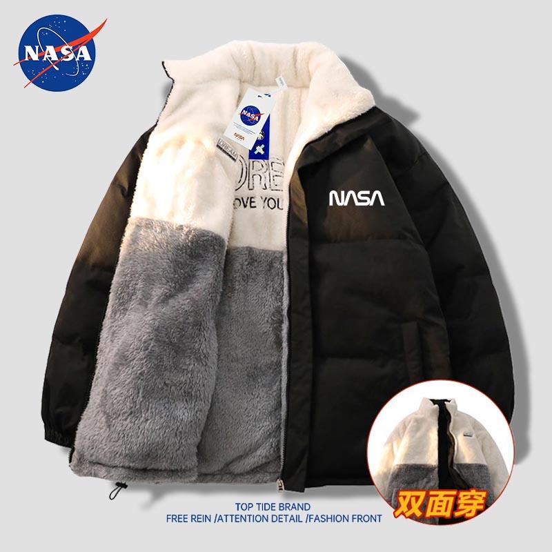 NASA 2 Mặt Xuống Áo Khoác Nam Mùa Đông Mỹ Len Lông Cừu Cặp Đôi Áo Khoác Dày Ấm Áp Thêu Áo Cotton