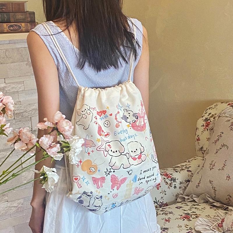 Ba lô dây rút phía sau Dailybag Túi vải canvas nữ thiết kế dễ thương Túi dây rút thích hợp Ba lô học sinh Túi vải