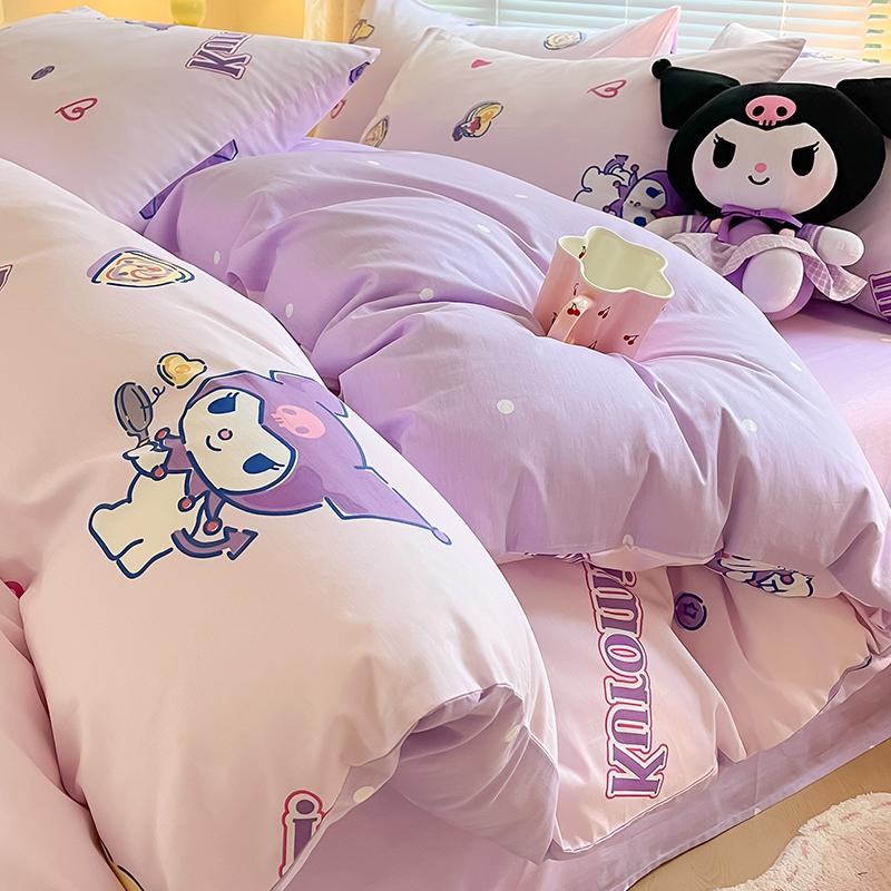 Bộ giường bốn mảnh vải cotton nguyên chất Kuromi, vỏ chăn bông, bộ giường ba mảnh Sanrio, bộ đồ giường hoạt hình cho trẻ em, ga trải giường vừa vặn