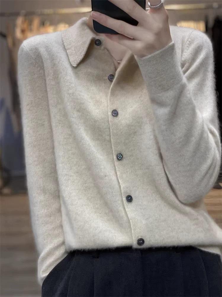 Phong Cách Mùa Xuân 100 Áo Len Cashmere Nữ Cardigan Cổ Áo Sơ Mi Tinh Tế Cổ POLO Áo Len Dài Tay Len Đáy Áo Len