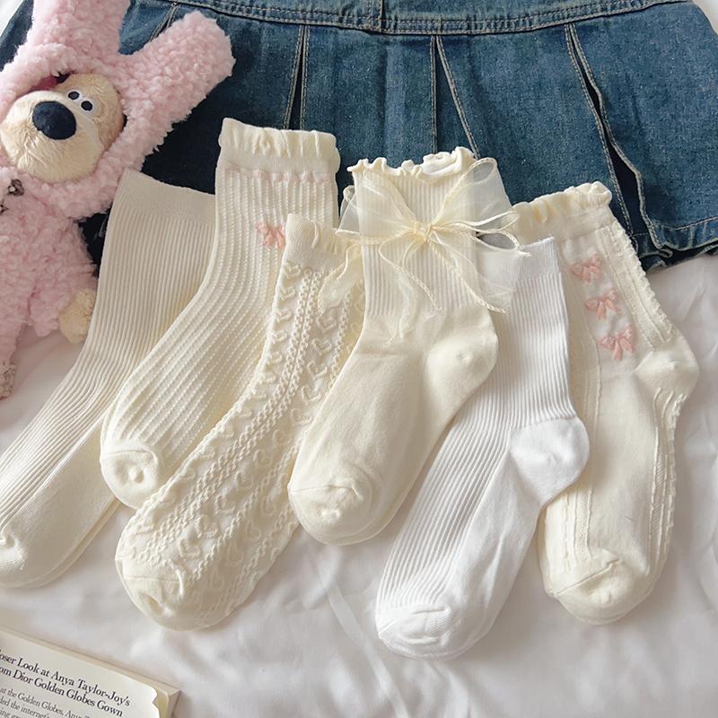 Tất trắng cho nữ mùa hè, cotton nguyên chất, tất jk Nhật Bản dễ thương, ren Mary Jane với giày da nhỏ, tất dài đến bắp chân cho nữ, xuân thu