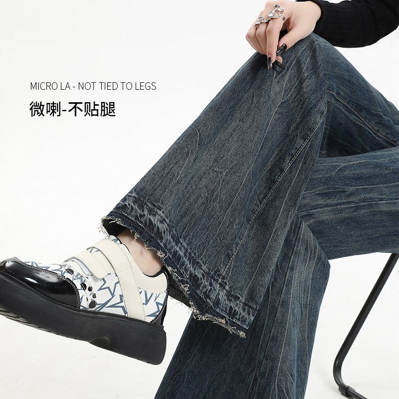 Quần jean nhung mùa thu đông nữ không có quần legging 2023 phong cách mới Mỹ retro dáng rộng giảm béo thô viền ống loe