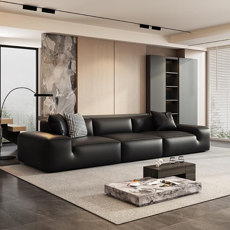 Zuomu ghế sofa da bò lớn màu đen phòng khách tối giản kiểu Ý 2023 mới ánh sáng sang trọng ghế sofa khối đậu phụ thẳng hàng hiện đại