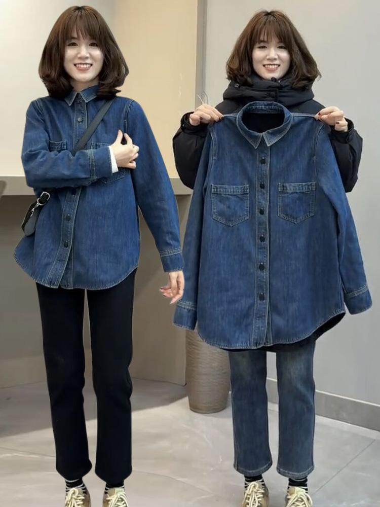 Mùa xuân năm 2024 thời trang mới phổ biến giản dị áo sơ mi denim nữ phổ biến áo sơ mi xếp lớp áo khoác cardigan hàng đầu