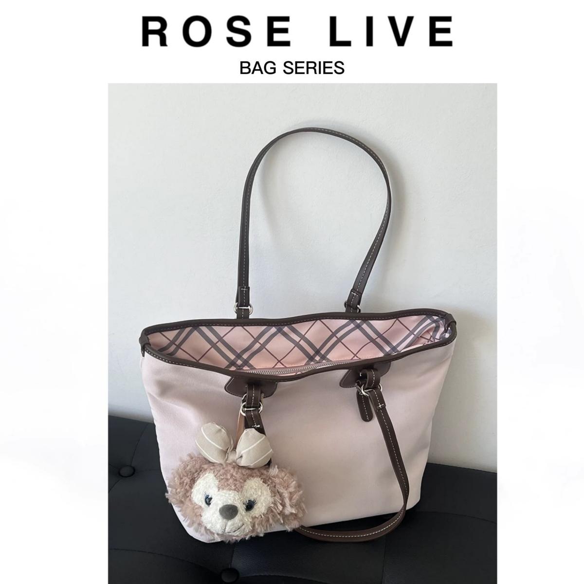 ROSE LIVE màu hồng nhạt công suất lớn túi tote kẻ sọc đi làm buổi sáng đến lớp túi xách vai túi máy tính