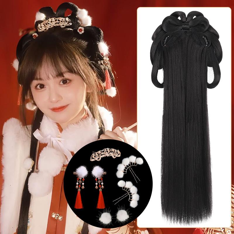 Trang phục cổ xưa Mũ nón năm mới Tóc giả Hanfu tất cả trong một túi đựng tóc kiểu cổ điển Tóc giả búi tóc được phát minh làm từ túi đệm đầu phía sau