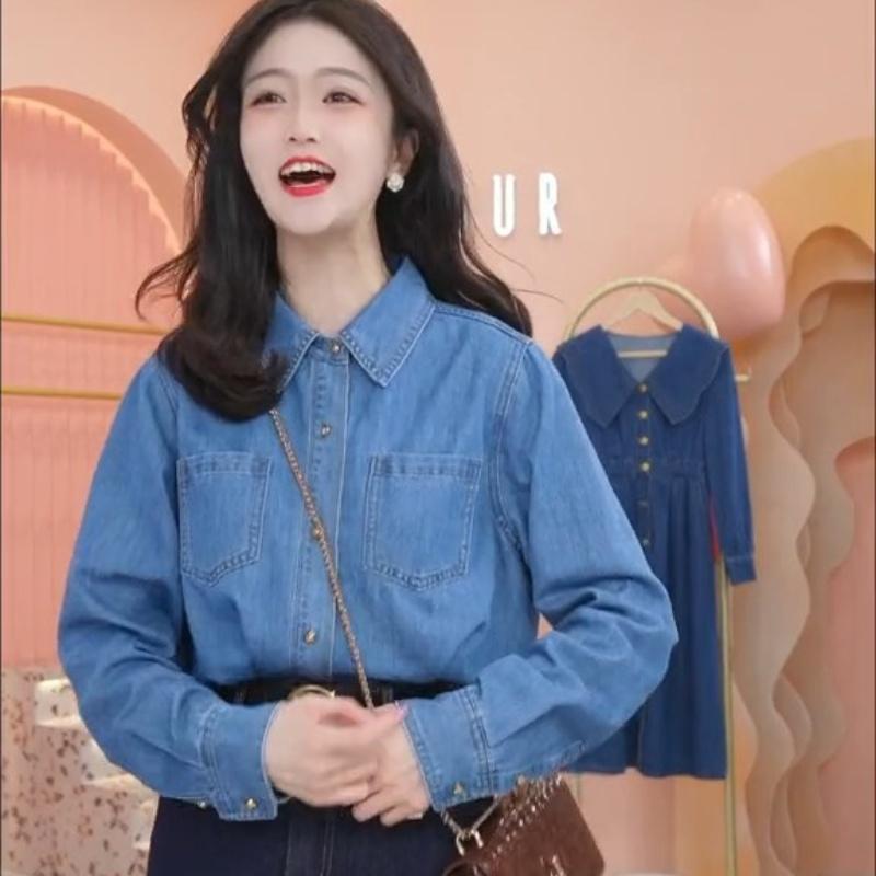 Áo sơ mi denim đã giặt dành cho nữ, áo khoác dáng rộng thu đông cao cấp phong cách Hồng Kông cổ điển với áo khoác vai phải mùa xuân thu