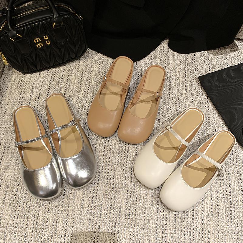 Dép da thật cho nữ, Dép bán sandal Baotou cho nữ, Mary Jane 2024 kiểu mới slip-on đáy phẳng cổ tích bạc