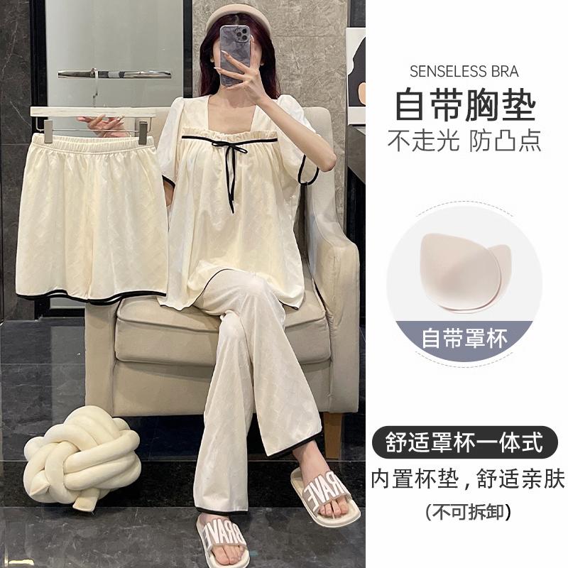 Bộ đồ ngủ nữ mùa xuân thu ba mảnh có đệm ngực, cotton ngắn tay 2024 phong cách mới màu trắng nhạt mùa hè trên mạng phong cách người nổi tiếng mặc ở nhà