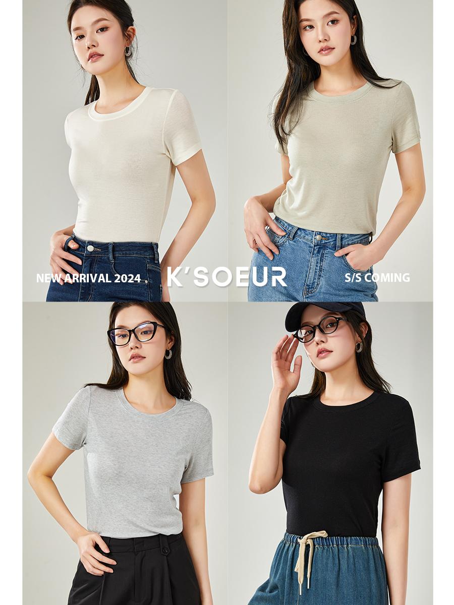 K chị em KSOEUR [Mua N áo thun lụa đắp mặt nạ] Áo thun ngắn tay bằng lụa cashmere bốn màu trơn màu đa năng dành cho nữ