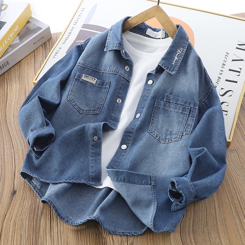 Áo sơ mi denim bé trai Pishuai 2024 mới áo sơ mi dài tay bé trai phong cách Hàn Quốc quần áo mùa xuân áo khoác mỏng trẻ em phong cách nước ngoài