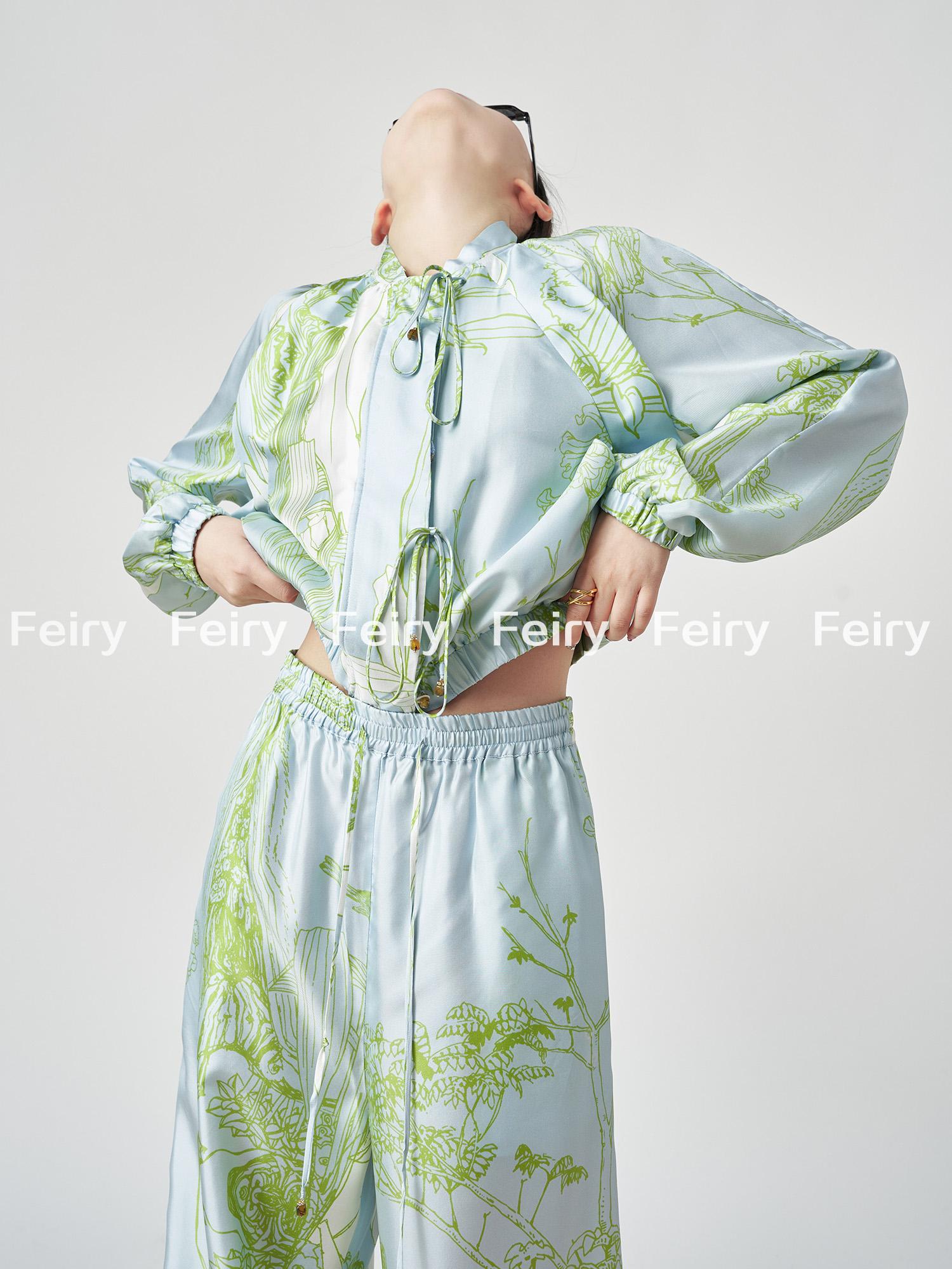 Feiry 2024 Mới Áo Thể Thao Nữ Thời Trang In Hình Top Cardigan Quần Ống Rộng 2 Bộ