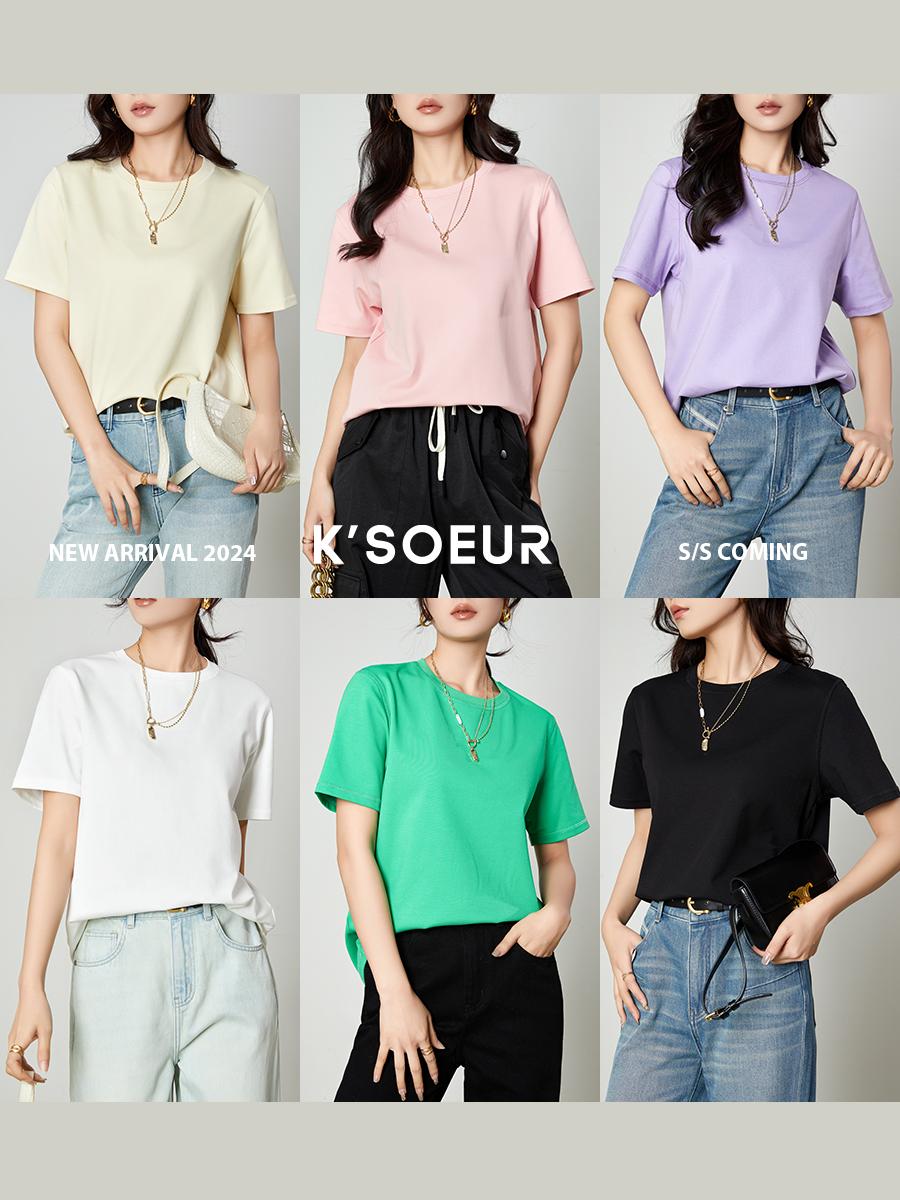 K chị KSOEUR [Kẹo bông Pima T] Áo thun cổ tròn đa năng cotton Pima hai mặt