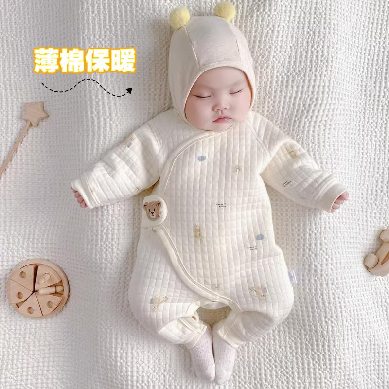 Bé 3 lớp ấm cotton mỏng chần bông không xương quần áo sơ sinh trẻ sơ sinh áo liền quần nam nữ áo liền quần cho bé