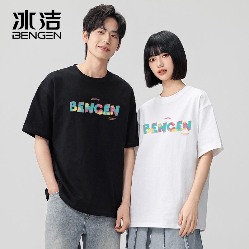 Bingjie Áo thun ngắn tay 100% cotton nguyên chất dành cho nam và nữ Mùa hè 2024 mới cổ tròn dáng rộng đáy nặng Áo sơ mi dành cho các cặp đôi