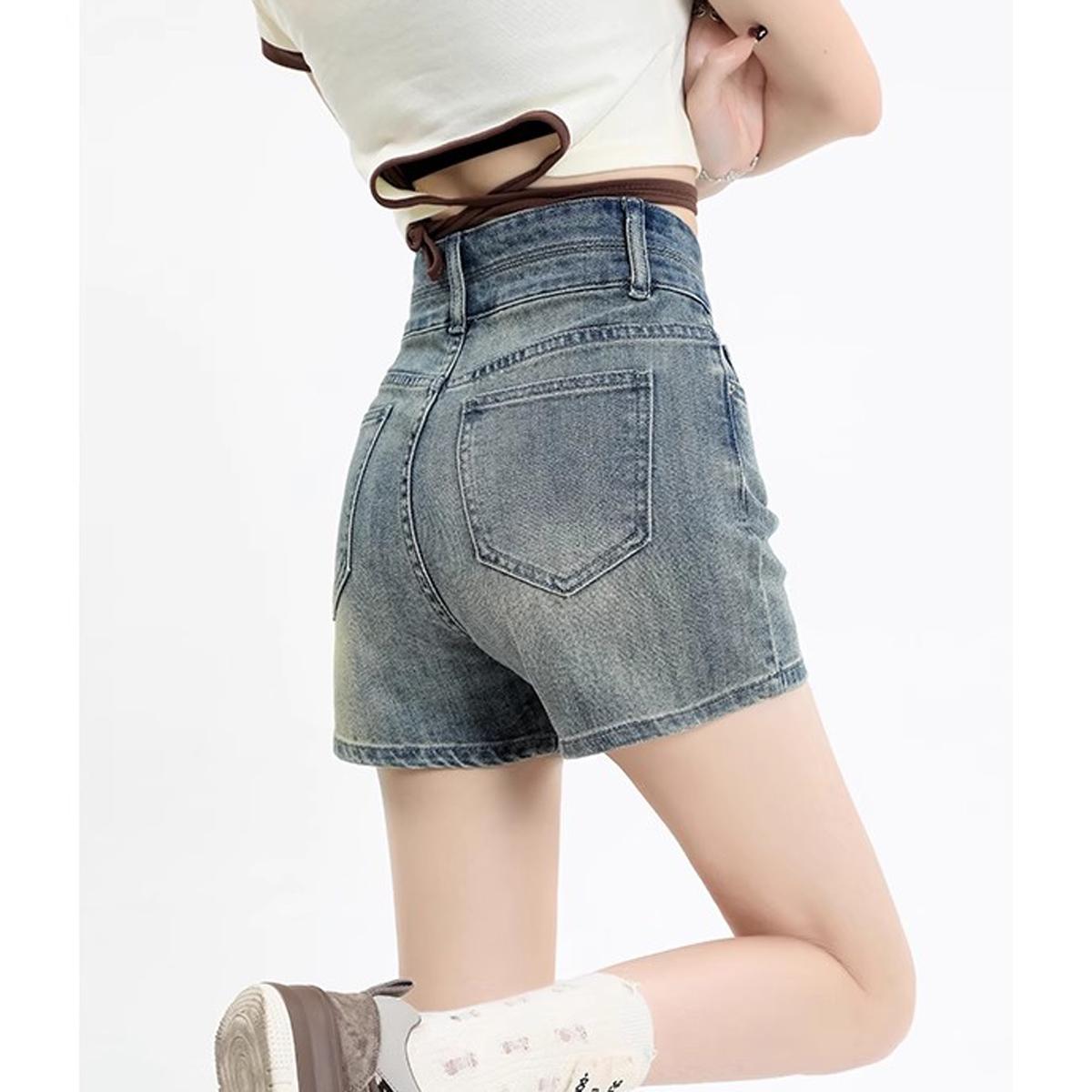 Quần short denim cạp cao phong cách retro của Mỹ dành cho nữ mùa hè 2024 mới hot girl giảm béo quần ống rộng chữ a nóng bỏng