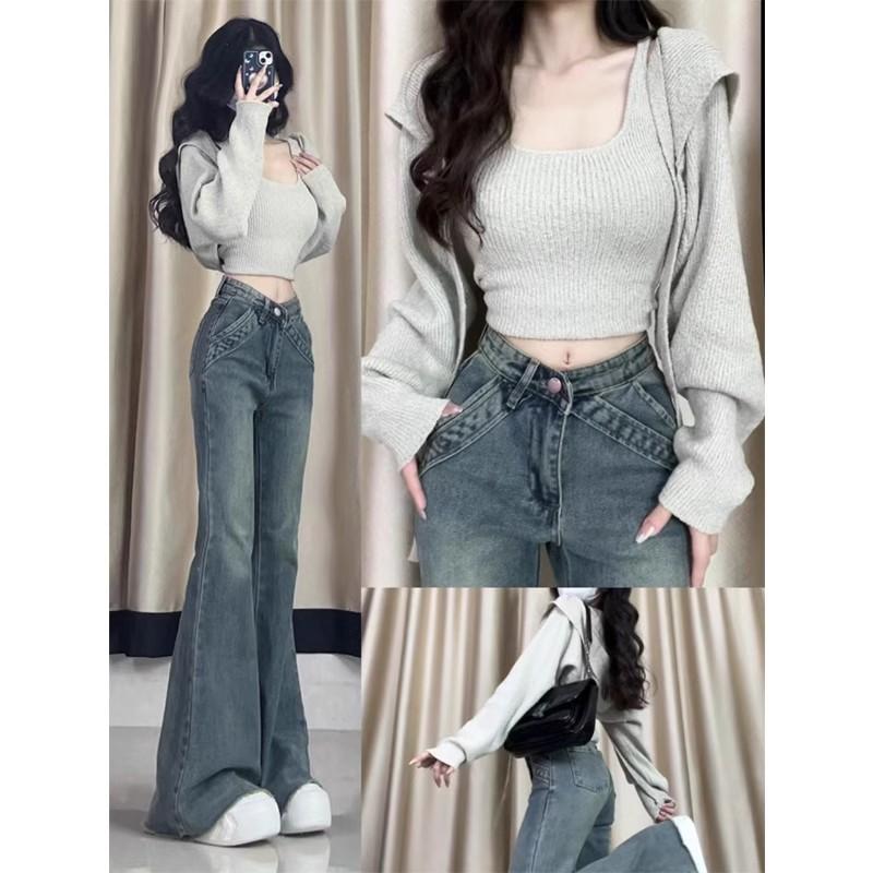 2024 Mùa Hè Mới Phong Cách Retro Nguyên Edge Micro-Loe Quần Jean Nữ Size Lớn Mỡ Mm Không Đều Hot Girl Mỹ quần