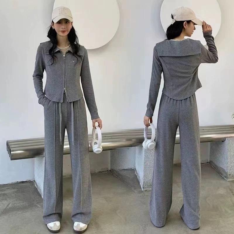 Hải Quân Cổ Áo Thể Thao Thời Trang Phương Tây Phù Hợp Với Mùa Xuân 2024 Mới Cardigan Top Quần Ống Rộng 2 Bộ dành Cho Nữ