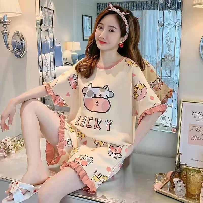 Bộ đồ ngủ nữ mùa hè 100% cotton nguyên chất quần short ngắn tay ngọt ngào chui đầu bé gái mùa hè mỏng manh bộ đồ ở nhà có thể mặc ngoài