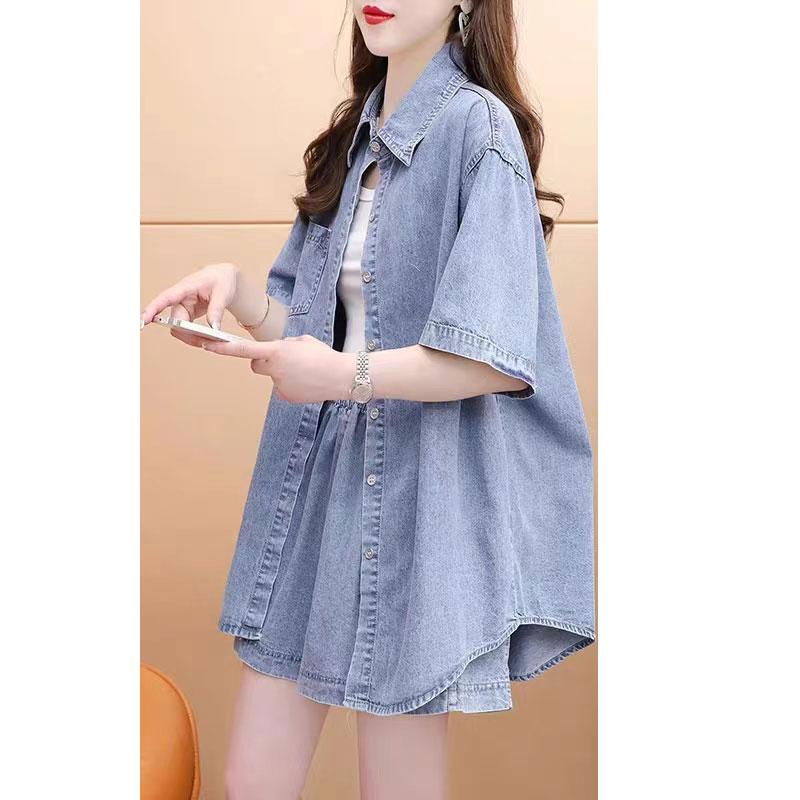 Áo sơ mi denim quần short thể thao nữ mùa hè 2024 thời trang mới phong cách Hàn Quốc dáng rộng kích thước lớn thường ngày hai mảnh