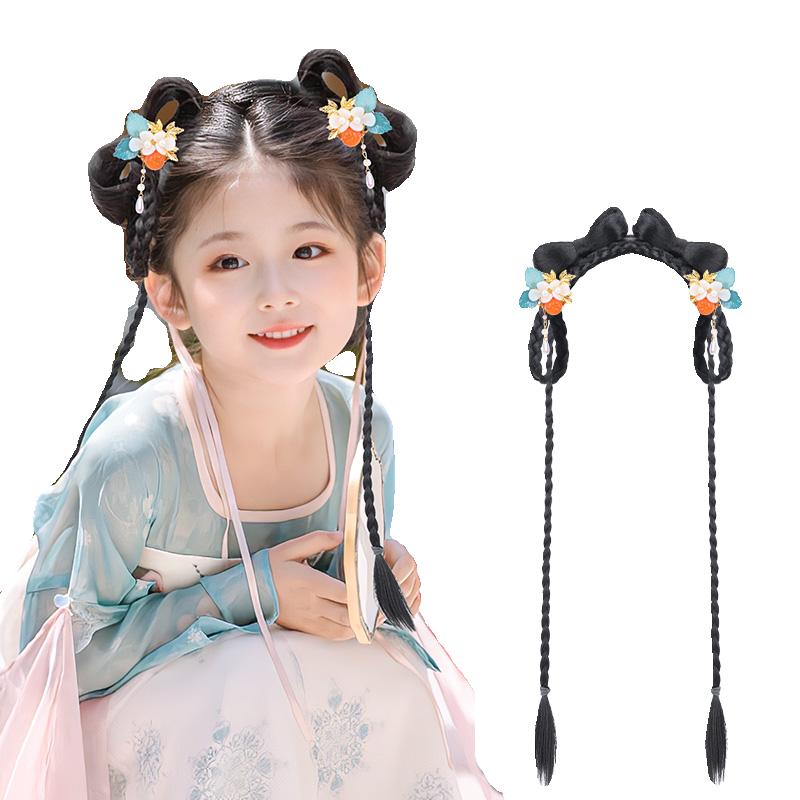 Tóc giả Hanfu cho trẻ em, búi tóc, băng đô trang phục cổ xưa, tóc giả kiểu cổ điển, phụ kiện tóc bé gái, mũ búi tóc, yêu tinh phong cách Trung Hoa