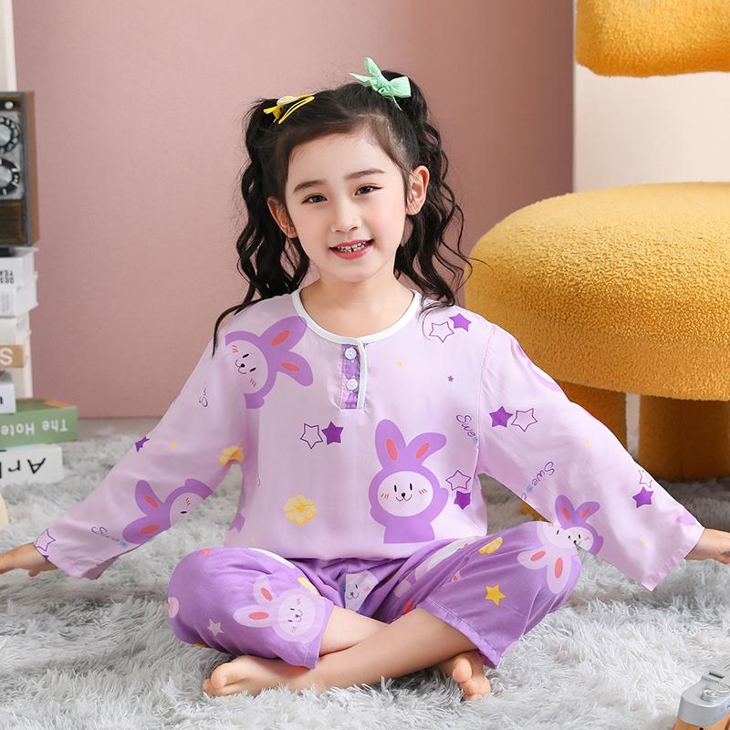 Bộ đồ ngủ cotton lụa trẻ em Bộ quần dài bé trai và bé gái hoạt hình quần dài tay mùa hè bé gái quần mặc thường ngày phần mỏng