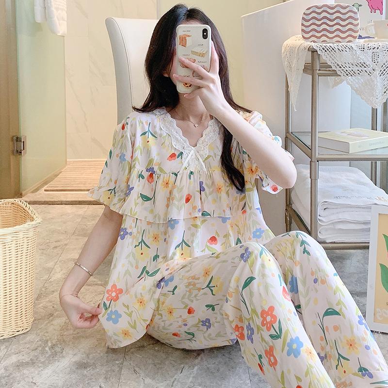 Bộ đồ ngủ cotton lụa nữ mùa hè mỏng chống va đập quần ngắn tay dáng rộng chất liệu cotton nhân tạo phù hợp với kích thước lớn bên ngoài mặc quần áo mặc ở nhà