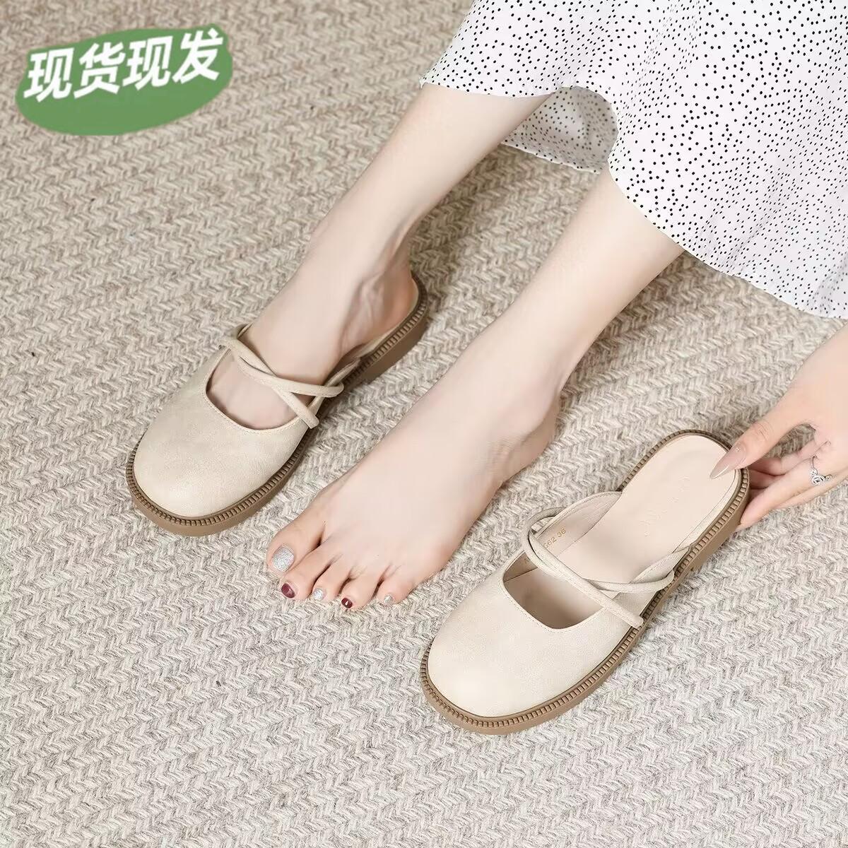 Wanwan Dadong Retro Nửa Dép Nữ Xuân Hè Áo Khoác Ngoài Heelless Nhỏ Giày Da Đa Năng Lười Nửa Dép