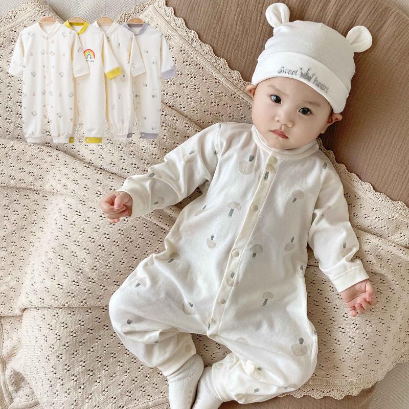 Bộ áo liền quần mùa xuân thu cho bé, áo choàng dài tay hoạt hình bằng vải cotton nguyên chất cho bé, áo lót tất cả các mùa cho trẻ sơ sinh, quần áo đi chơi bằng cotton