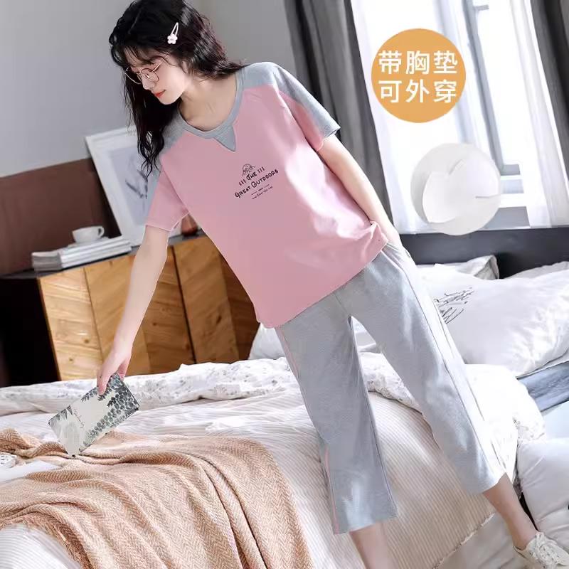 Bộ đồ ngủ không áo ngực cho nữ, quần crop ngắn tay cotton nguyên chất mùa hè, nữ có thể mặc ra ngoài, bộ đồ mặc ở nhà có miếng đệm ngực