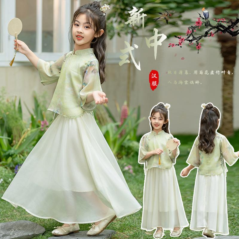 Bộ đồ mùa hè Hanfu dành cho nữ 2024 Váy ngắn tay kiểu phương Tây mới dành cho trẻ em Váy ngắn tay kiểu Trung Quốc mới dành cho trẻ em