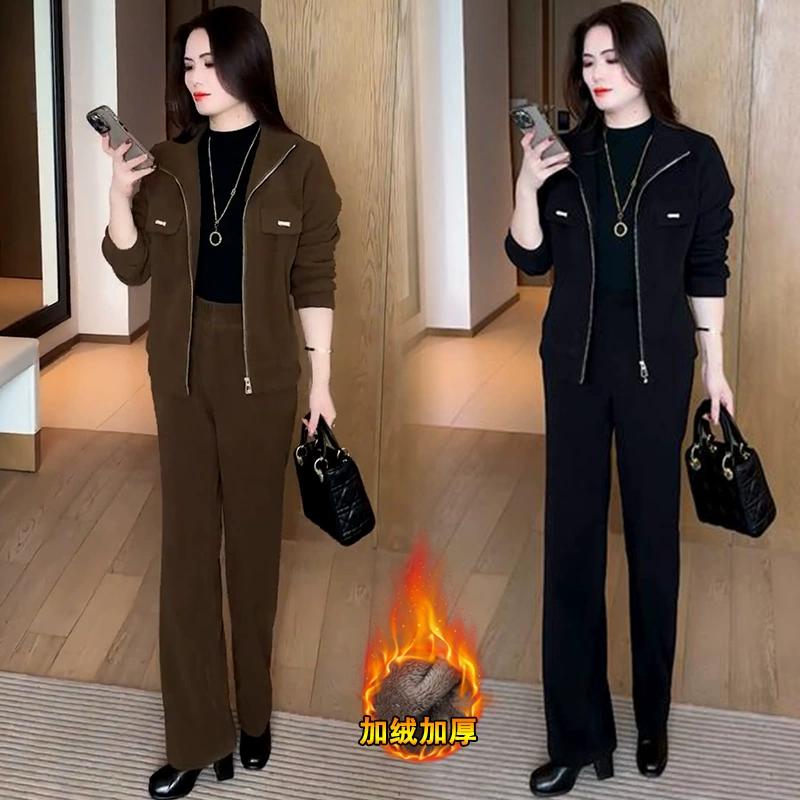 Nhung dày thời trang thể thao và giải trí phù hợp với nữ mùa đông áo dây kéo áo khoác cardigan hẹp quần ống rộng 2 bộ